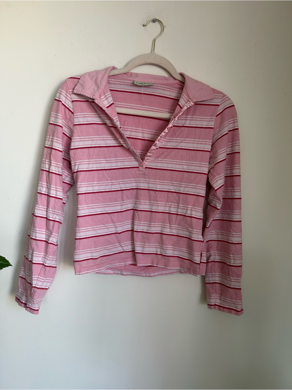 Women's Pink Striped Long-Sleeve Polo Top